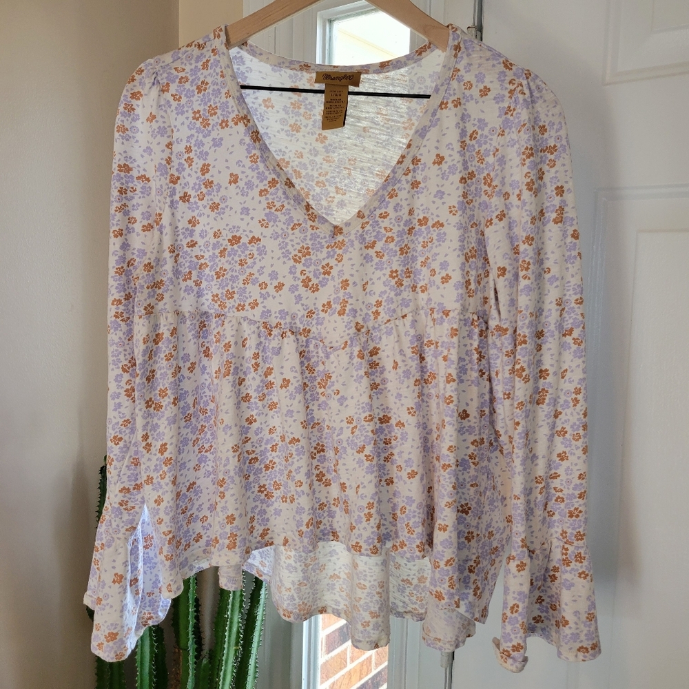 Wrangler Floral Babydoll Bell Sleeve 100% Cotton Top, Size Womens Large